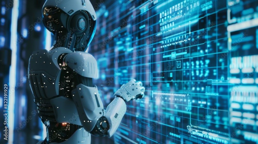 Poster in a holographic touch screen, the cyborg rear view taps finger on a button, while artificial intell