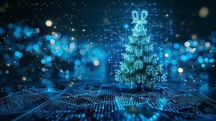 Hanging 2020 digits and Christmas tree with blue neon pixels with reflection. Digital computer technology concept banner for the new year.