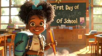 Obraz premium Happy Child on First Day Back To School in Classroom Holding Colorful Pencils