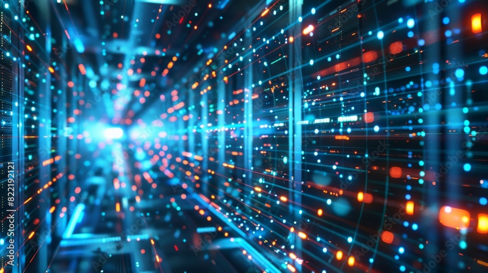 Poster server farm of cloud computing technology. network connection and information exchange lights glow i