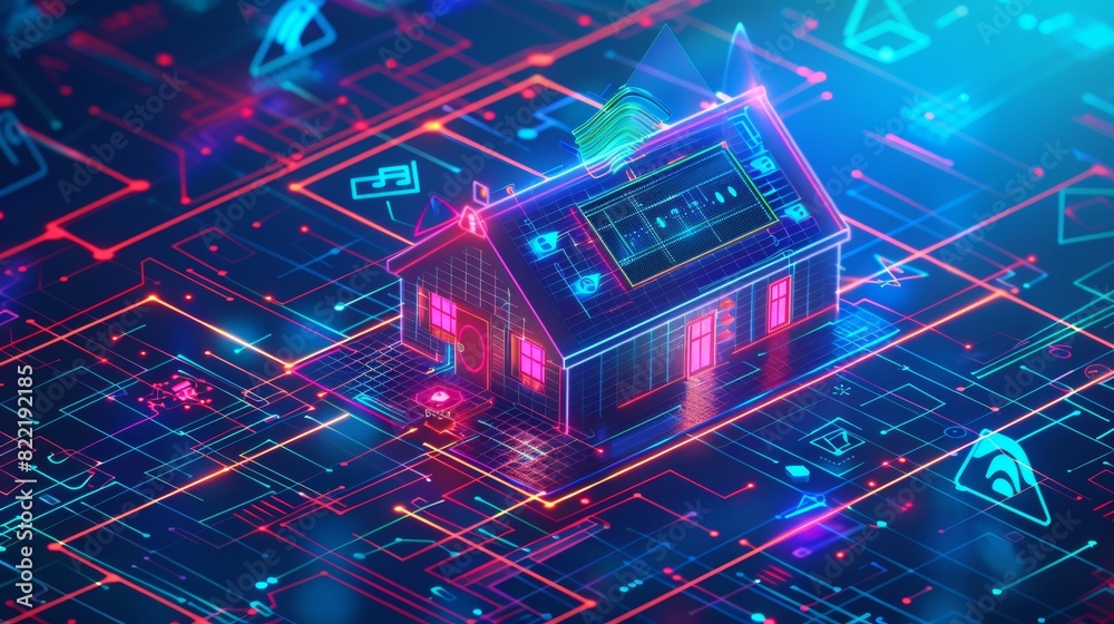Poster an iot system connected to a smart home via mobile internet is controlled by a smartphone app on a h