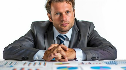 a businessperson analyzing financial charts, looking serious and dedicated, on a clean white background.