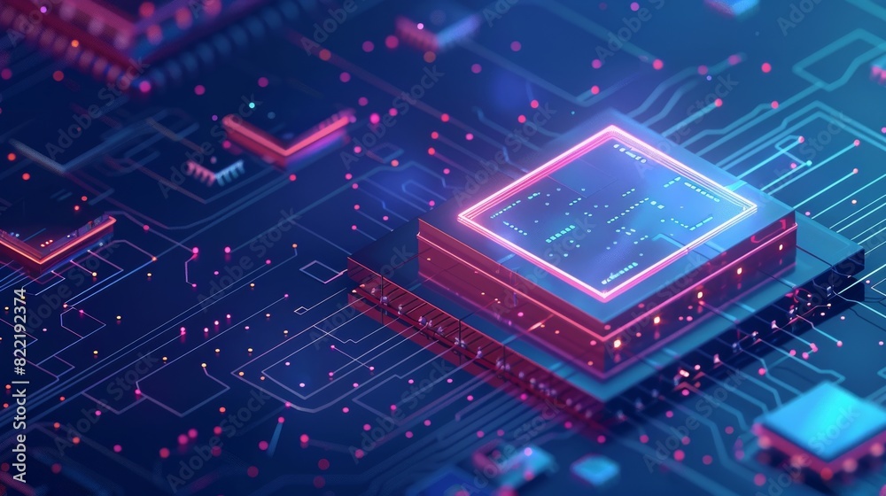 Poster a cpu chip on a motherboard processes data. microchip technology. abstract isometric tech concept ba