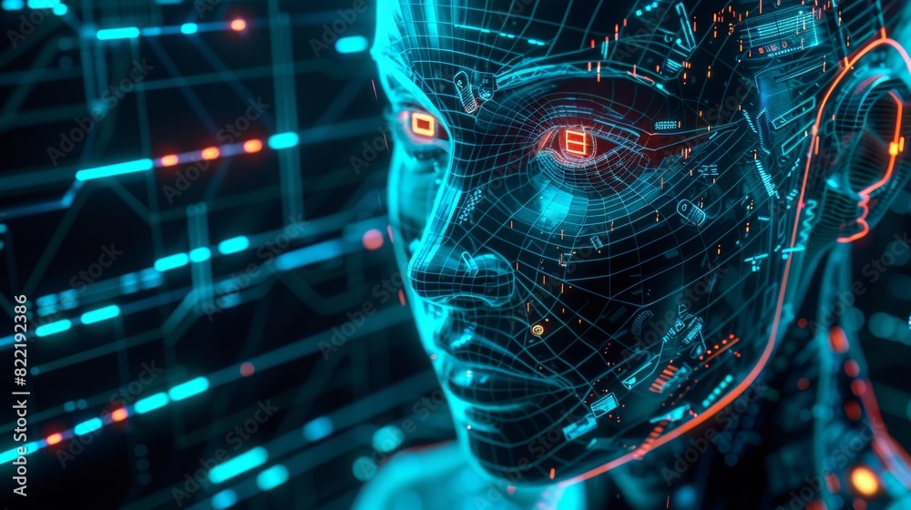 Poster cyborg head with artificial neural networks brain in neon cyberpunk style. female robot face with co