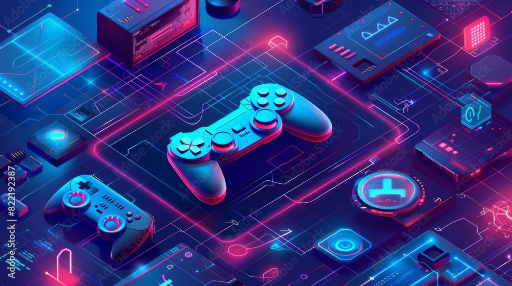 Poster scripting, programming ai for digital games. isometric illustration of abstract joystick or gamepad.