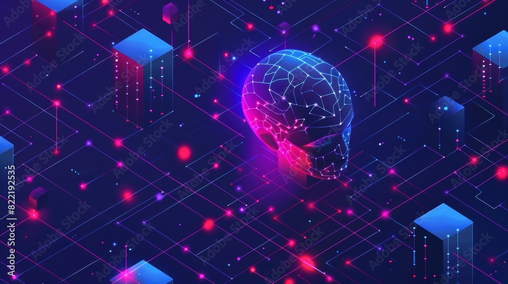 Poster an isometric concept of artificial intelligence technology. cybernetic brain communications with net