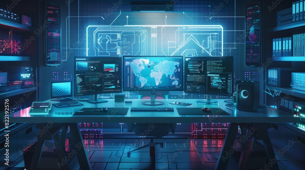 Wall mural an online computer game concept banner. the desktop of a computer gamer, a smartphone hovering over 