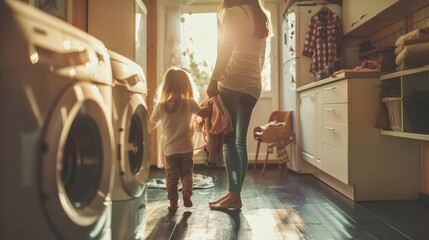Mother and daughter do laundry together in the home laundry while learning household chores