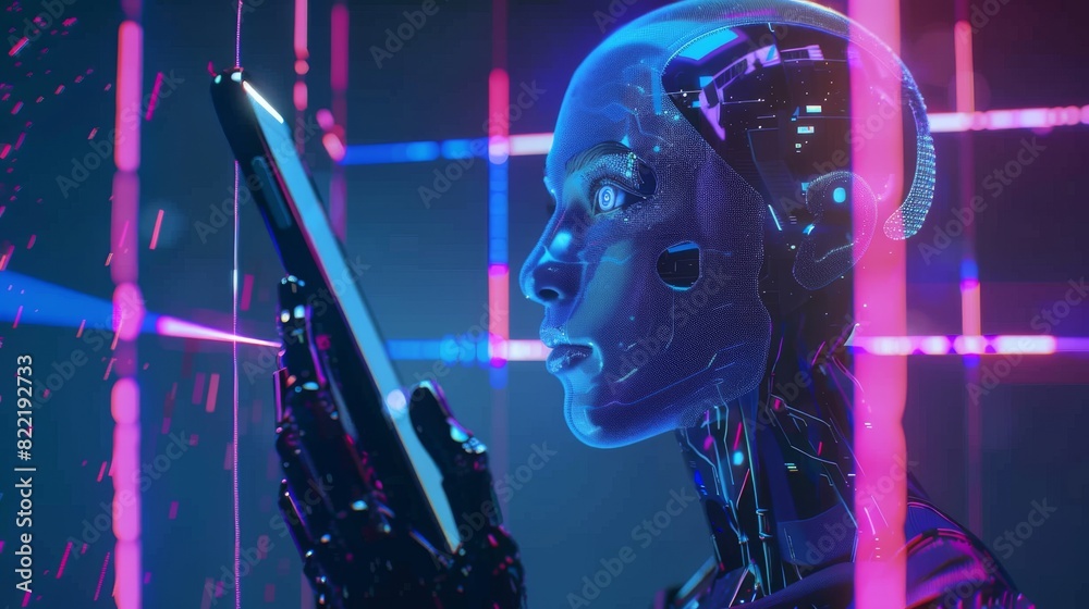 Poster phones with artificial intelligence. mobile online chat bots for smartphones. cyborgs or robots with