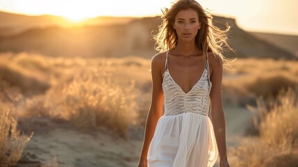 Desert photo shoot for an eco friendly fashion line featuring lightweight airy fabrics in a sun drenched setting