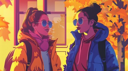 Two Stylish Women in Puffer Jackets and Sunglasses