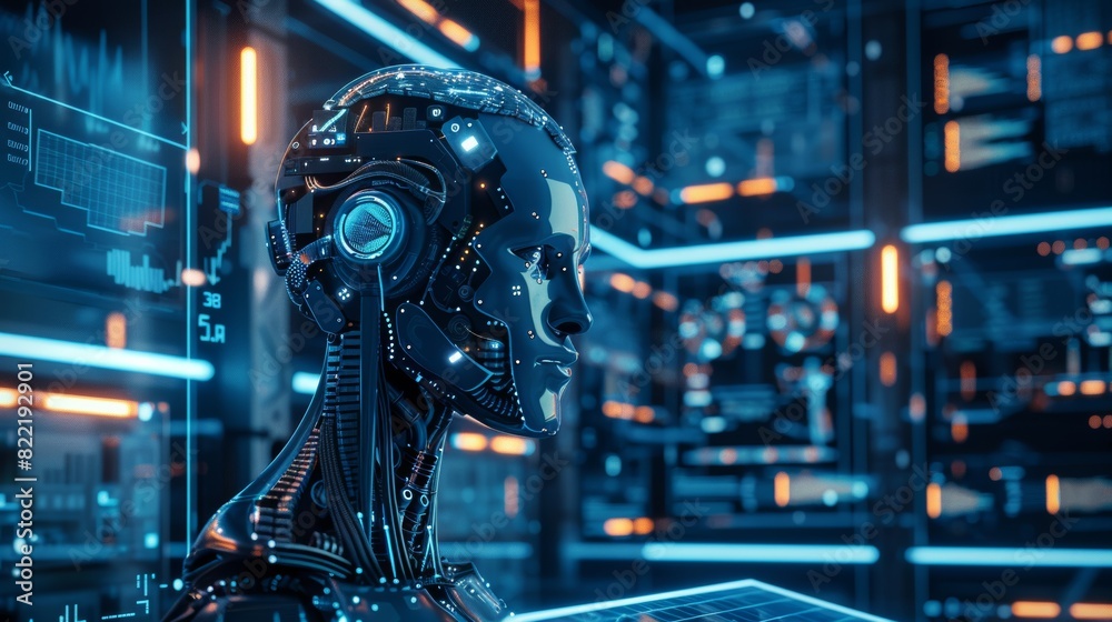 Poster ai. artificial intelligence. head robot hanging over podium and looking at virtual dashboard. superc