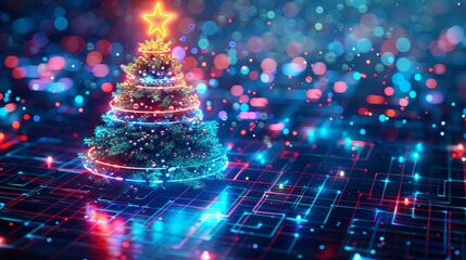 In blue, a Christmas tree with a digital number year in neon light. A celebration banner in computer cyberpunk style. A Christmas party event poster in tech cyber decor. 2022 on white.
