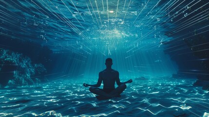Fototapeta premium Free diver in lotus position in zen harmony in deep ocean. Dawn sun rays illuminate free diver in lotus position in deep ocean. People snorkel in the ocean. Free diver in lotus position in zen
