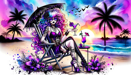 Anime woman with colorful ombre curly hair, black lipstick, purple swimsuit. Purple high heels, sunglasses, sitting in a beach chair on the sand