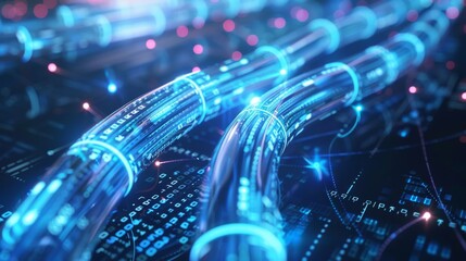 Fototapeta premium The transmission of image data over an optical wire. The technology of high speed data transfer on optical fibers. Abstract background with quantum beams of internet data.