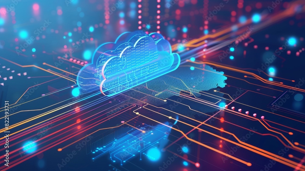Poster concept of cloud computing technology with digital clouds hovering over a world map. hosted cloud st