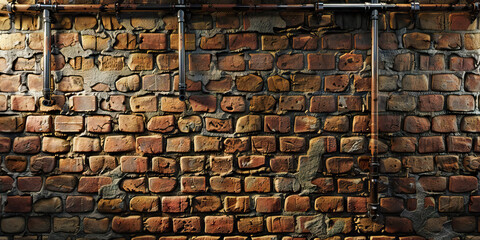Industrial exposed brick wall a raw industrial style wall with pipes.