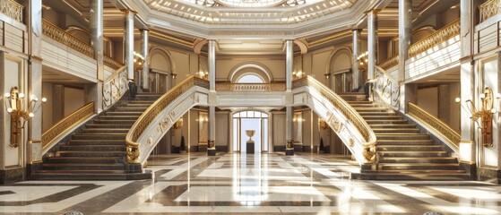 Grand foyer with twin sweeping staircases, elegant chandeliers, and luxurious decor in a historic building with stunning architectural details.