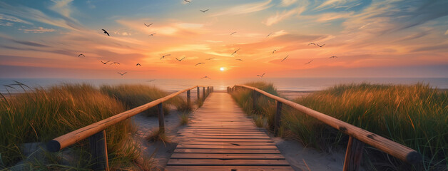 Golden Pathway: Boardwalk Leads to a Magical Beach Sunset