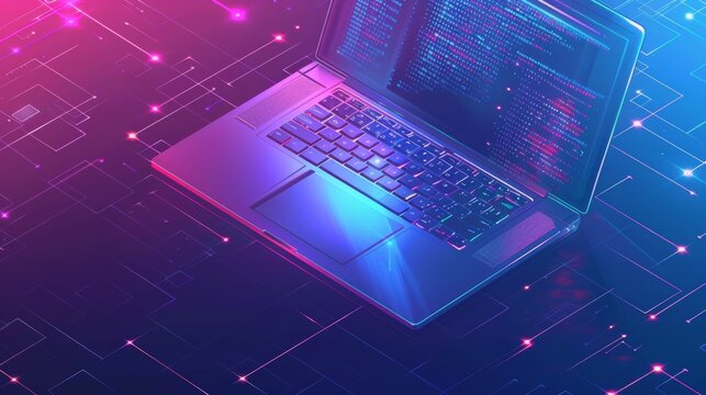 The development of software. Computation, programming, and testing of software on a laptop. Abstract program code on a computer screen. Laptop with icons and computer technology images. It is an