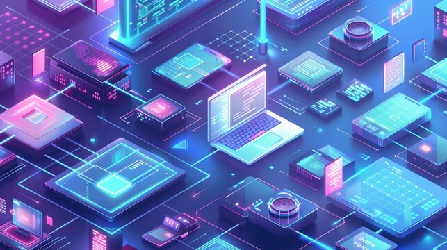 A computer technician illustrates how software is developed isometrically. Website design, apps for smartphones, tablets and laptops. Technology development of software. Computer technology