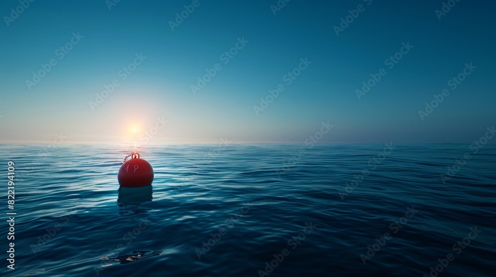 Wall mural on the water's surface, a buoy is chained to a seabed. underwater marine landscape. deep blue ocean 