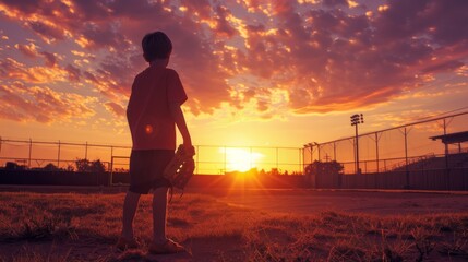 Obraz premium Young Boy Playing Baseball at Sunset on an Empty Field with Dramatic Sky