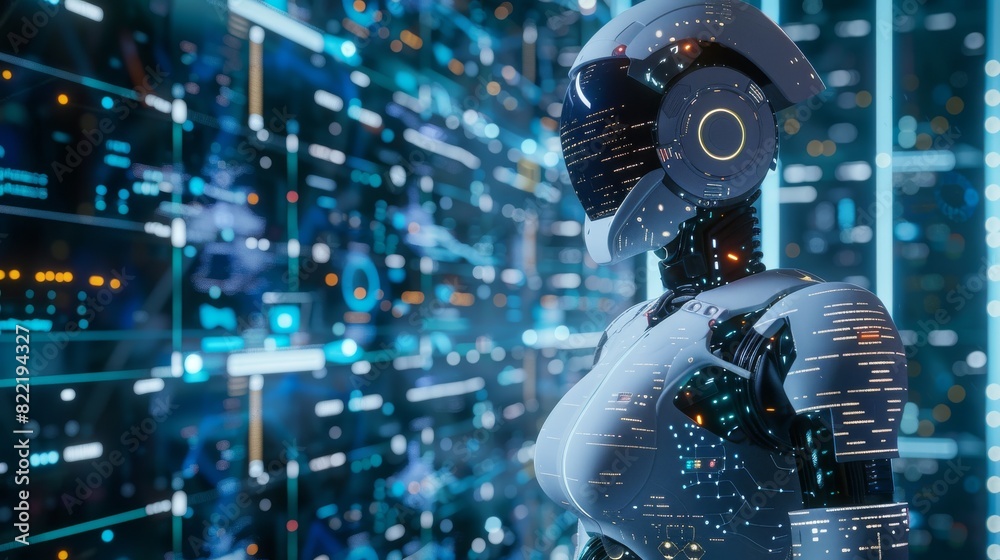 Poster robot woman with artificial intelligence in virtual cyberspace among data charts and diagrams. conce