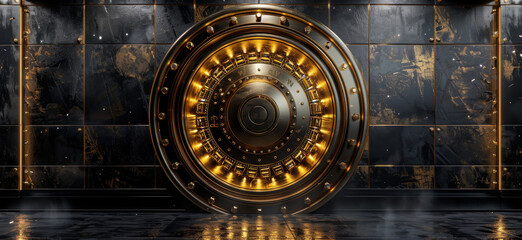 Fototapeta premium 3D rendering of a futuristic vault door with glowing lights.