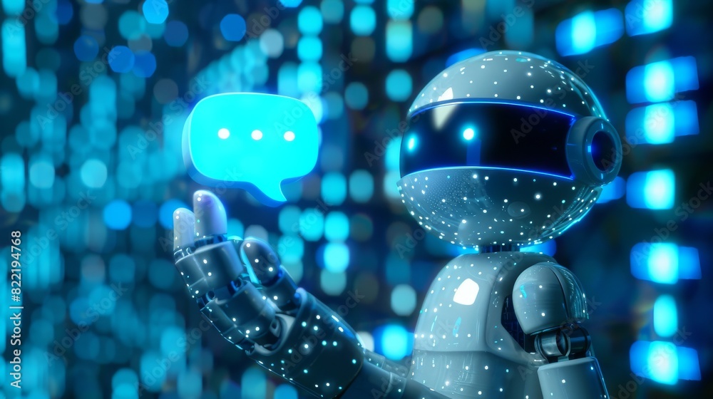 Poster the creation of a business chatbot using ai. a robot holding a chat bubble. an online virtual bot wi
