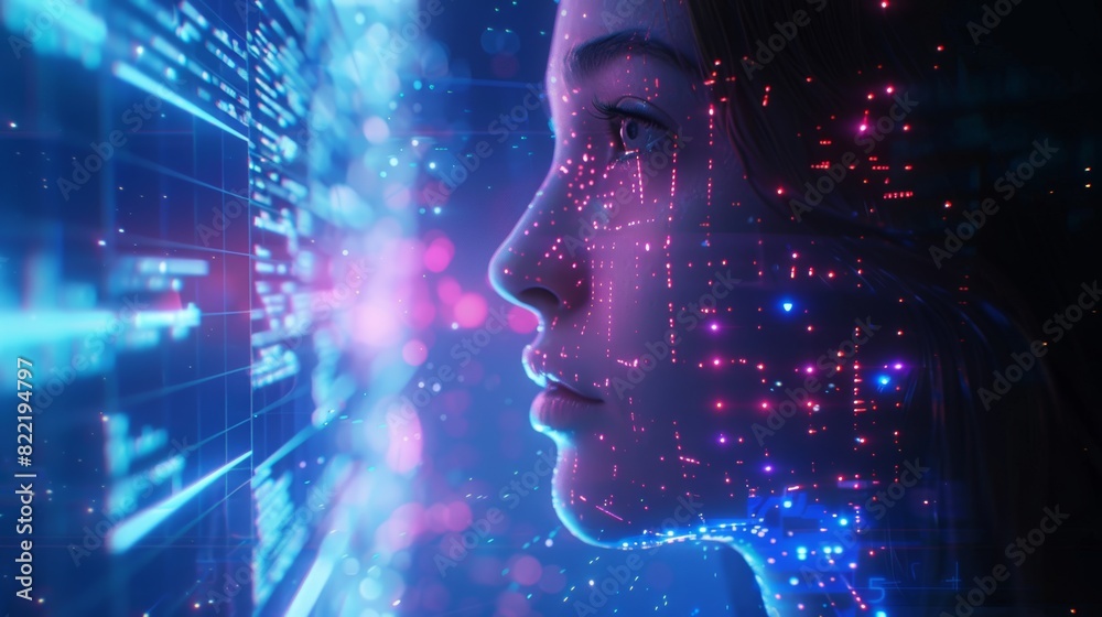 Poster woman with ai robot analyzing big data on image waterfall of lights particles. machine learning conc