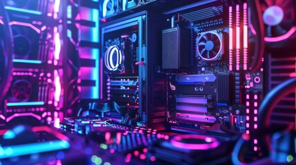 Repair or upgrade of desktop gaming computers. Modern power PC with neon lights of the CPU, coolers, RAM boards. Computer hardware configuration. Computer repair services.