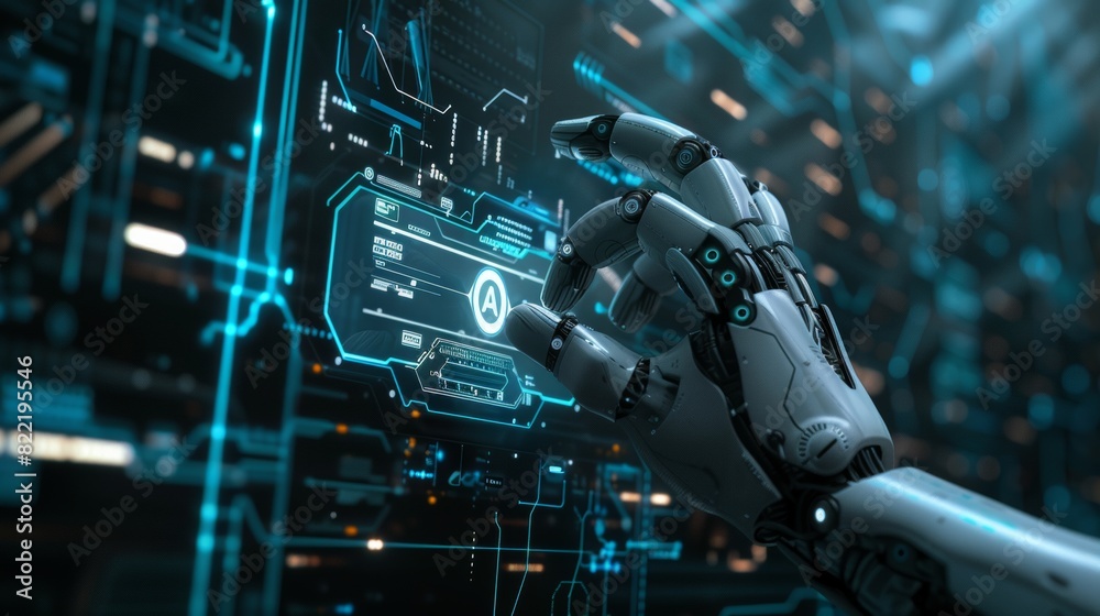 Poster a robot with an ai logo presses a button. a cyborg hand touches a holographic interface with its ind
