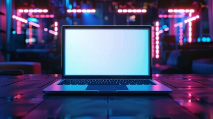 The modern mockup of a laptop with a blank screen against a blurred, dark room. It has a front view of an open laptop with an open window. It is placed on a desk against the background of furniture