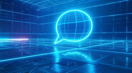 Illustration, 3D, of a glowing neon speech bubble on a blue background. Set for design presentations.