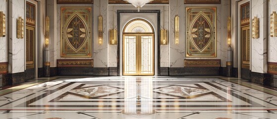 Obraz premium Elegant hall with marble flooring and ornate architectural details, featuring intricate gold accents and a grand entrance door.