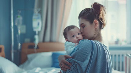 Fototapeta premium Caring young biracial mother hold lean to chest cute little infant toddler, enjoy tender moment.at hospital.