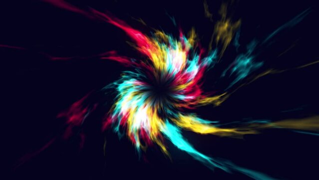 Seamless colored spin twirling shiny flame nucleus sun fire background loop. Looped rotated shining soul sol flames design.