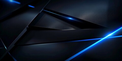 Black background with blue neon lines and geometric shapes. Dark abstract technology background Dark grey black abstract geometric background, banner