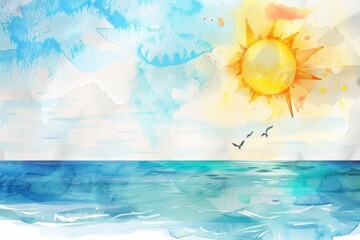 夏の太陽と海の水彩画（背景・暑中見舞い・壁紙）