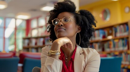 Woman with glasses and curly hair relaxing in a library