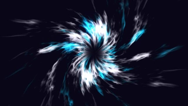 Seamless spin twirling shiny flame nucleus sun fire background loop. Looped rotated shining soul sol flames design. White blue colors.