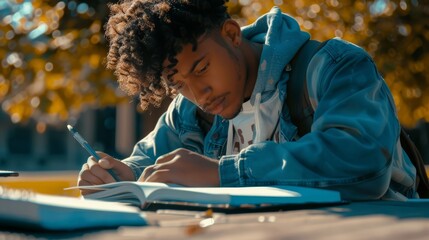 A young man with curly hair studies outdoors, writing in a notebook, surrounded by autumn colors.