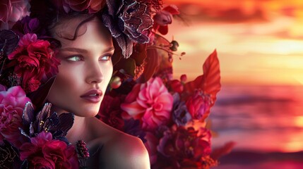 Naklejka premium A woman with a floral headdress gazes thoughtfully, with a vibrant sunset over the ocean in the background.