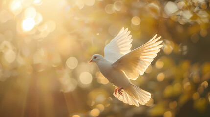 White dove flying on golden background