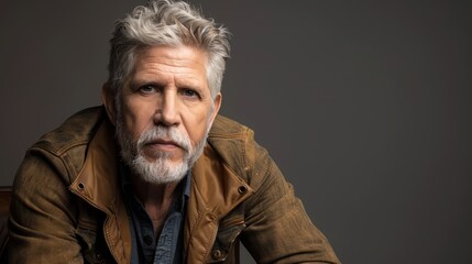 Obraz premium Older man with white hair and beard in casual attire, serious expression, dark background.