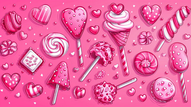 Three donuts with different toppings are displayed on a pink background. The donuts are arranged in a row, with the first one being a chocolate donut, the second one a white donut with red sprinkles