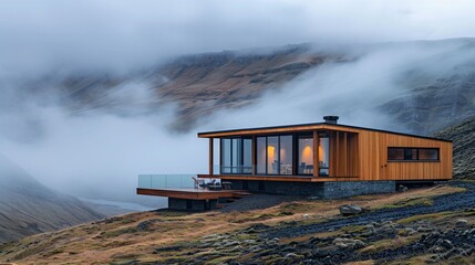 Isolated mountain home surrounded by mist ideal for Northern European countryside getaways
