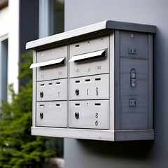grey wooden mailbox in an house residential building outside modern numbered mailboxes box outdoors,background wall and plant,